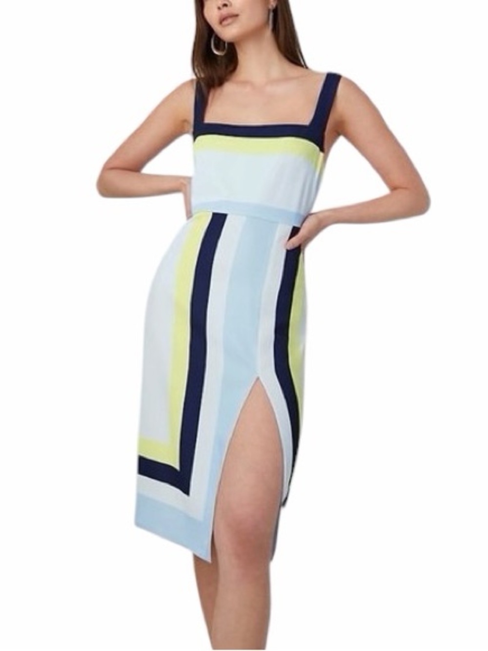 Aritzia Babaton '90s Slit Midi Dress Blue Yellow & White Colorblock Sz 0